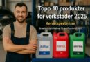 Verkstad med mekaniker och kemprodukter från Kemexperten.se i hyllor