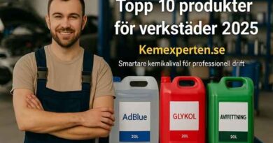 Verkstad med mekaniker och kemprodukter från Kemexperten.se i hyllor