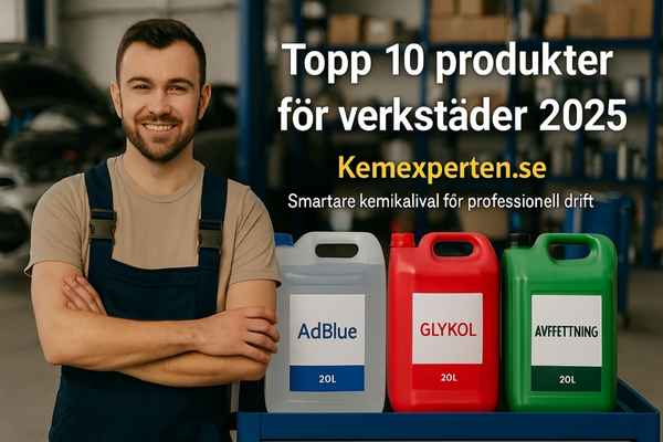 Verkstad med mekaniker och kemprodukter från Kemexperten.se i hyllor