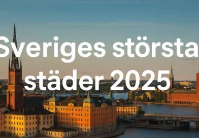 Aerial vy över centrala Stockholm i kvällsljus med Riddarholmen och Stadshuset i bild, med texten ’Sveriges största städer 2025’ över motivet.