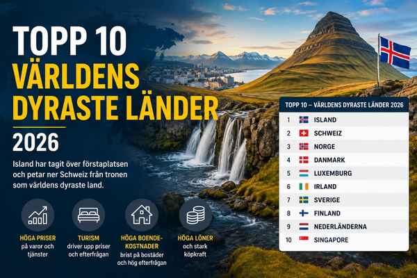 Topp 10 lista över världens dyraste länder 2026 med Island på första plats före Schweiz och Norge.